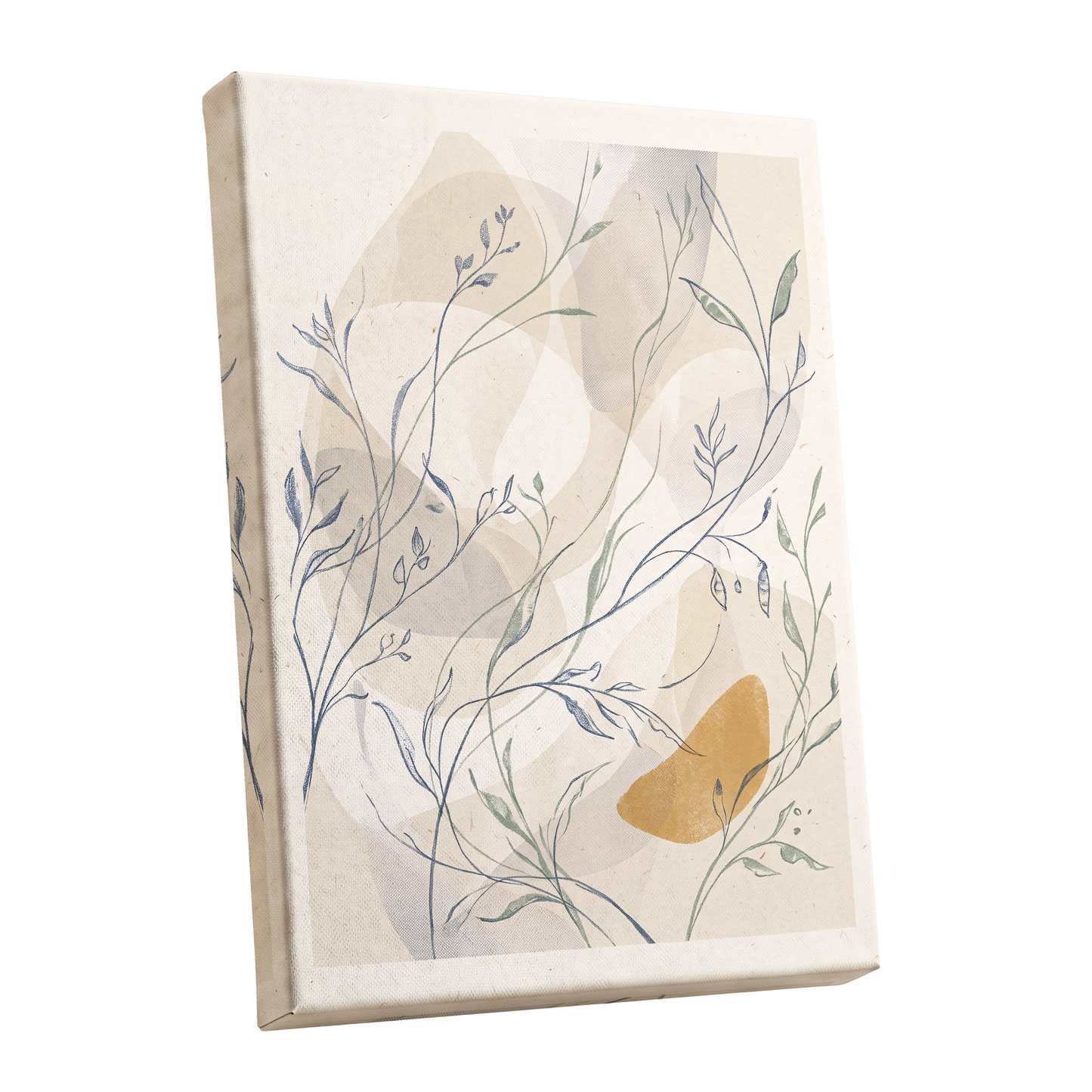 Meadow Veil, beige, blue, green nature wall art shown as a stretched canvas wall art