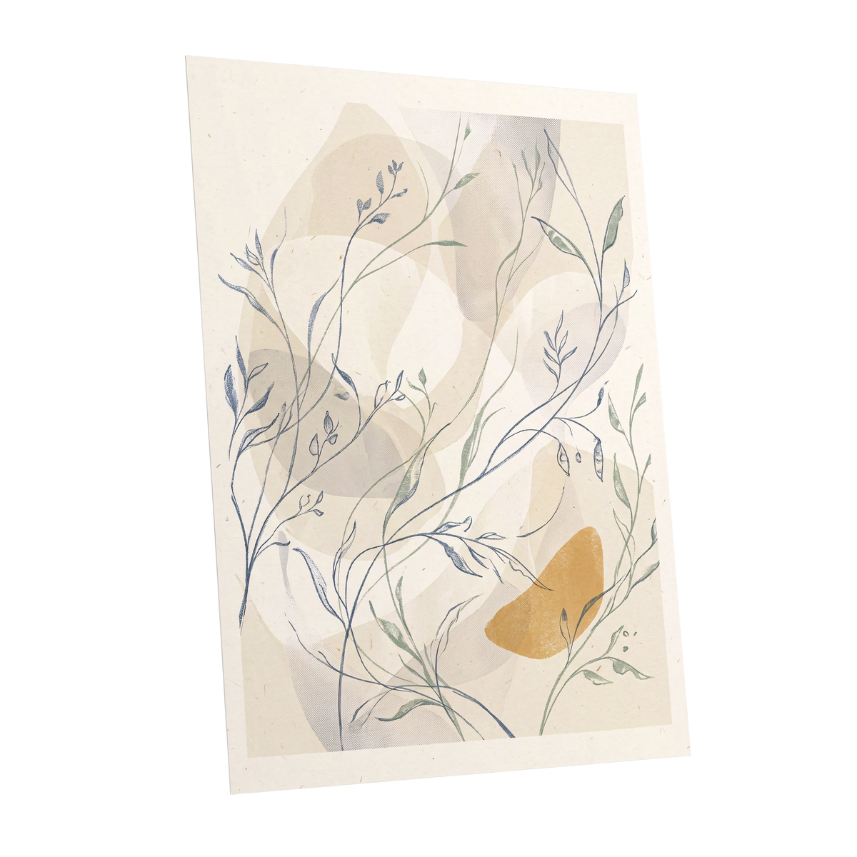Meadow Veil, beige, blue, green nature wall art shown as a unframed poster wall art print