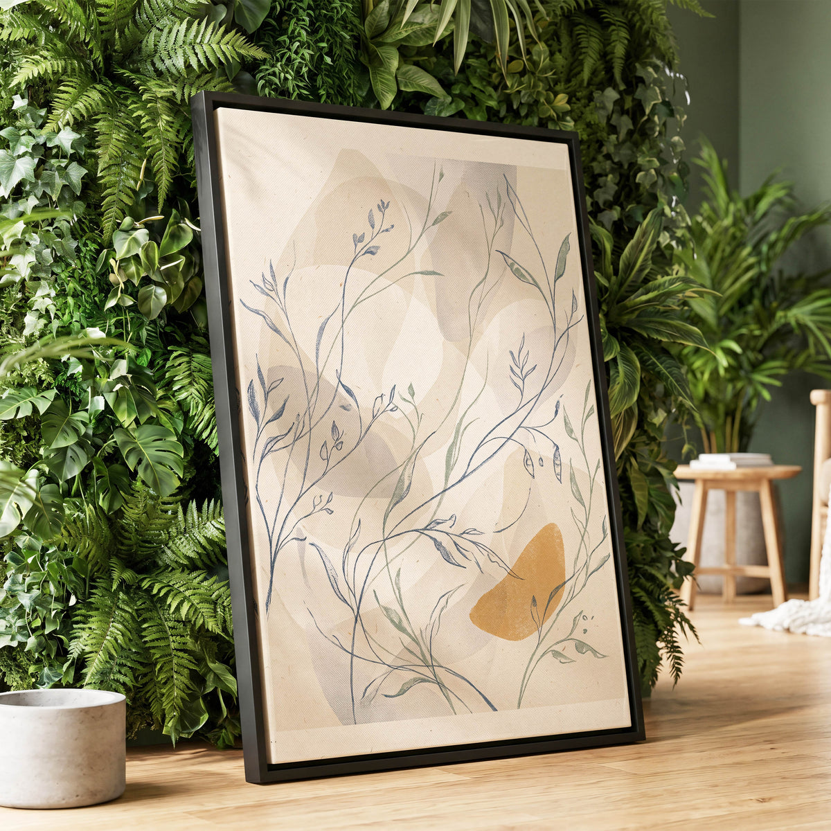 Meadow Veil, beige, blue, green nature wall art displayed in a styled interior, gallery view 1