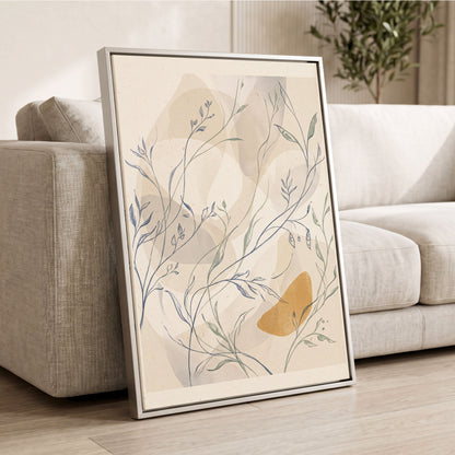 Meadow Veil, beige, blue, green nature wall art displayed in a styled interior, gallery view 2