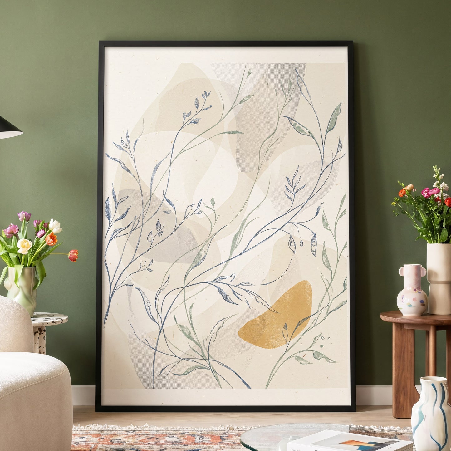 Meadow Veil, beige, blue, green nature wall art displayed in a styled interior, gallery view 4