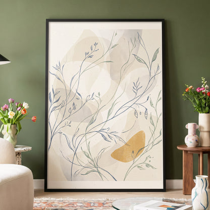 Meadow Veil, beige, blue, green nature wall art displayed in a styled interior, gallery view 4