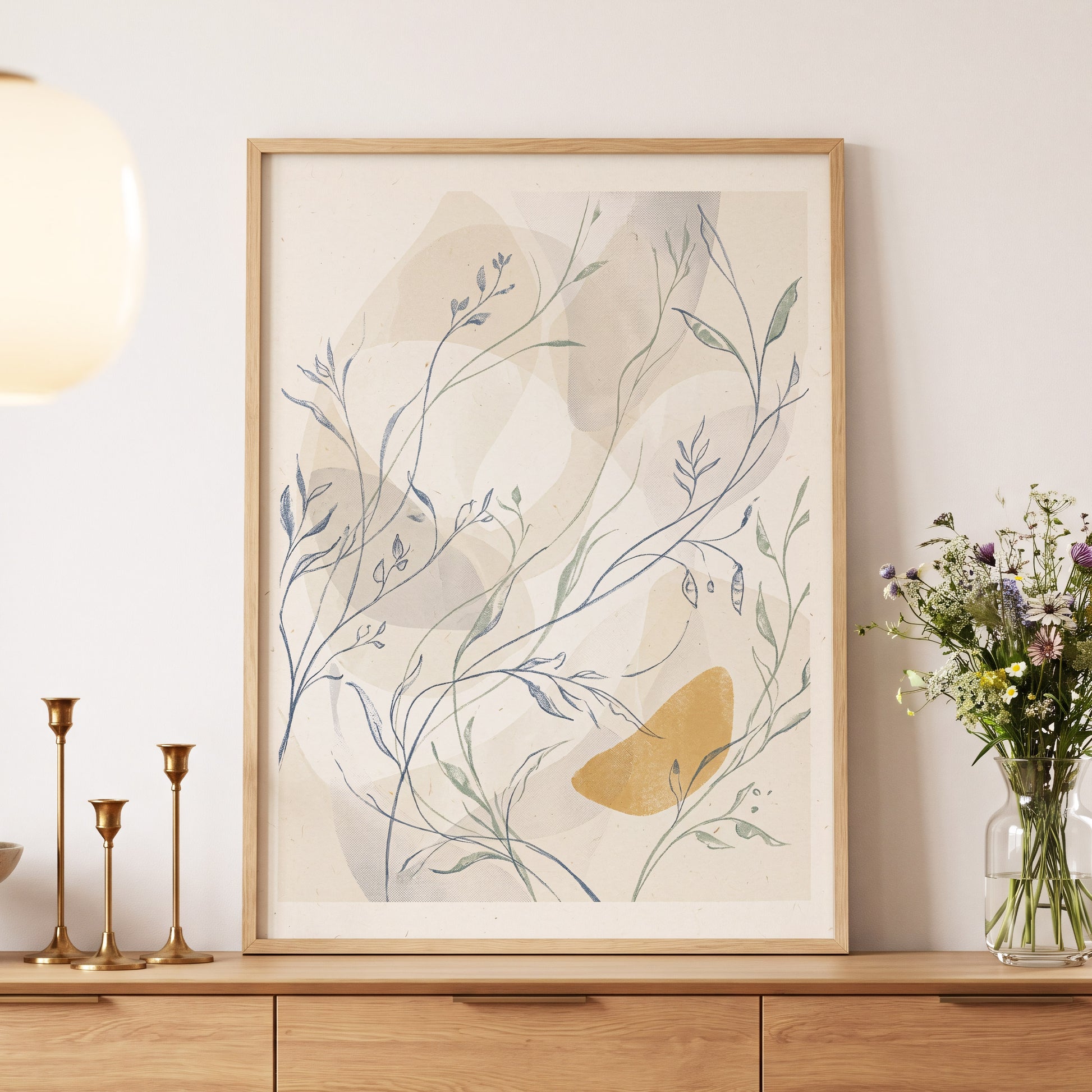 Meadow Veil, beige, blue, green nature wall art displayed in a styled interior, gallery view 5