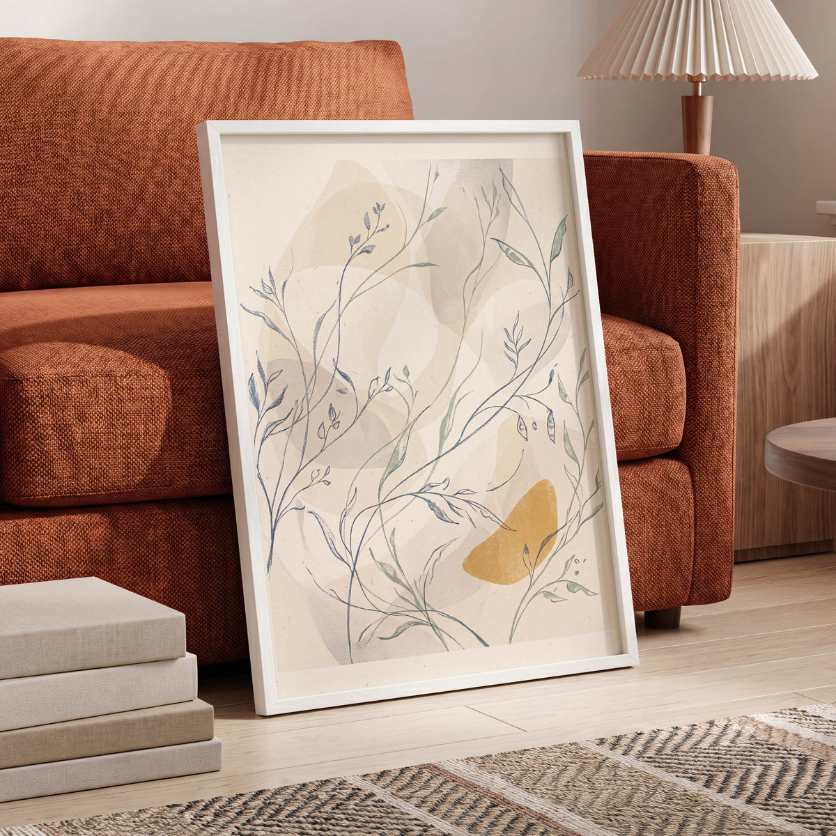 Meadow Veil, beige, blue, green nature wall art displayed in a styled interior, gallery view 6