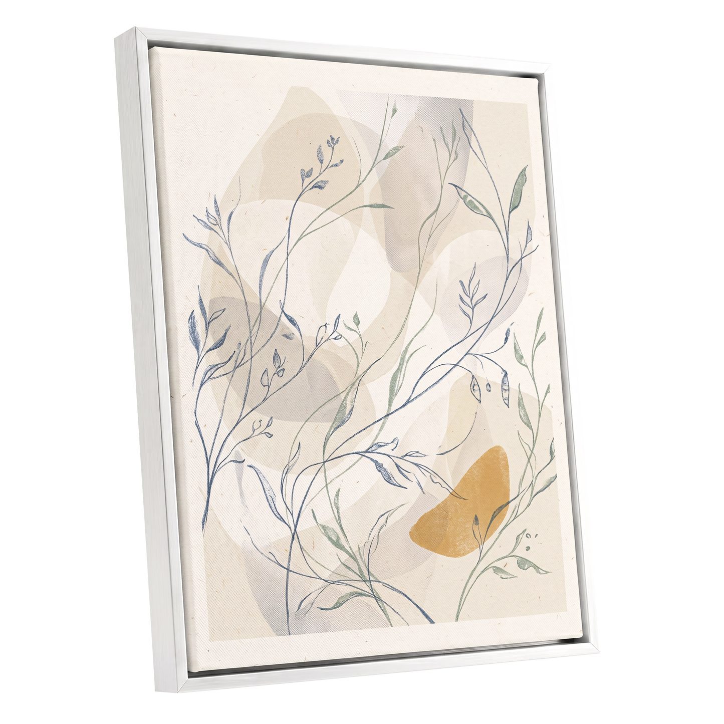 Meadow Veil, beige, blue, green nature wall art shown as a white framed canvas wall art
