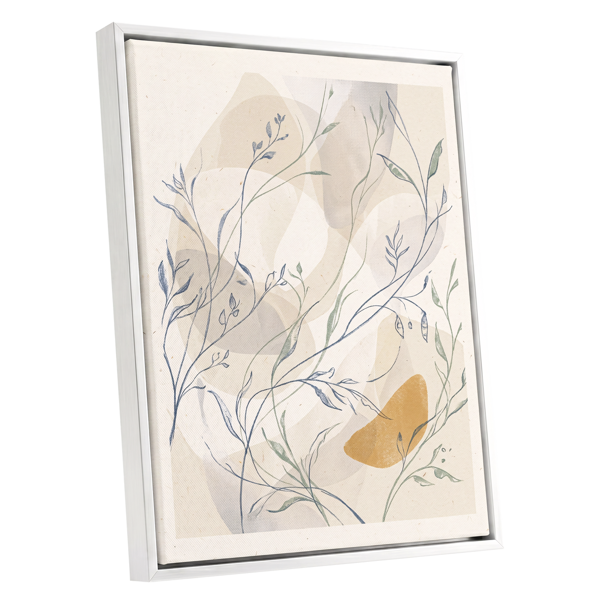 Meadow Veil, beige, blue, green nature wall art shown as a white framed canvas wall art