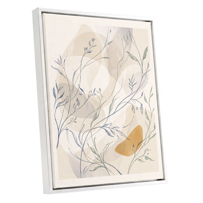 Meadow Veil, beige, blue, green nature wall art shown as a white framed canvas wall art