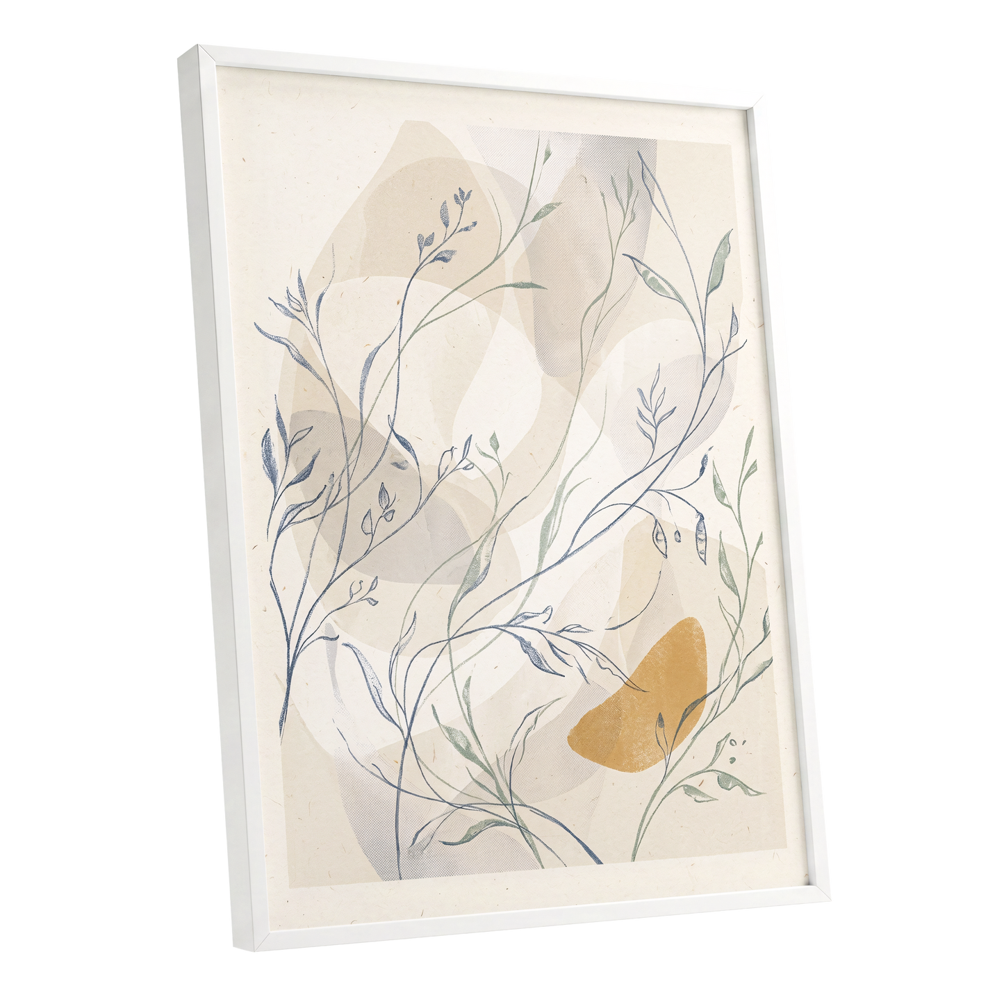 Meadow Veil, beige, blue, green nature wall art shown as a white framed poster wall art print