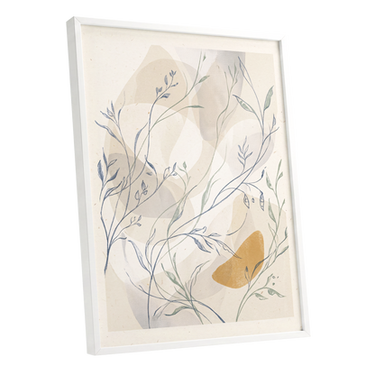 Meadow Veil, beige, blue, green nature wall art shown as a white framed poster wall art print