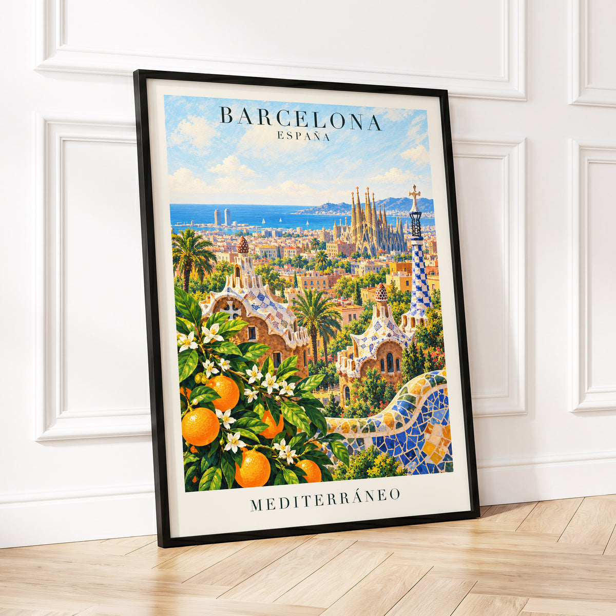 Mediterranean Mosaic, blue, green, orange abstract wall art displayed in a styled interior, gallery view 2