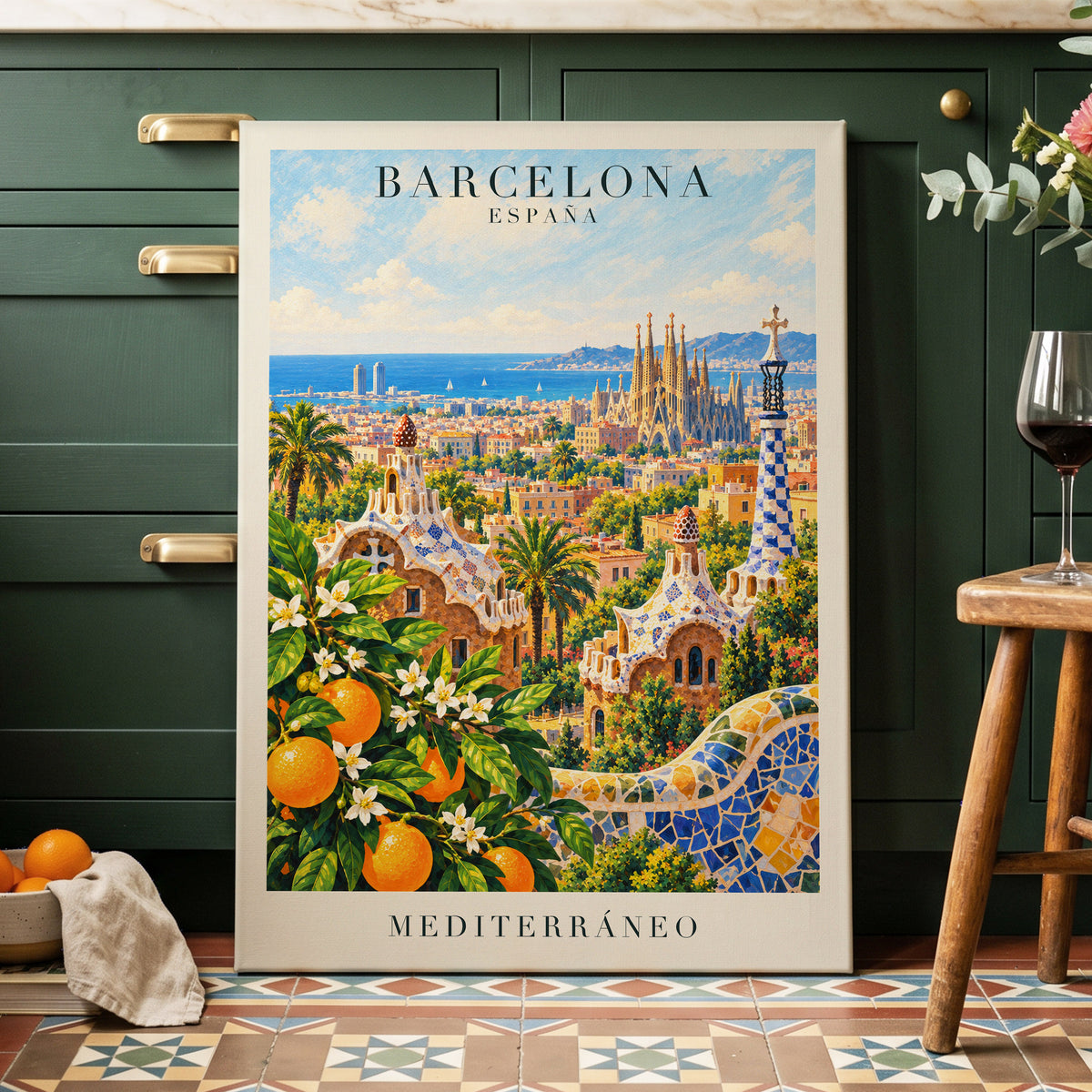 Mediterranean Mosaic, blue, green, orange abstract wall art displayed in a styled interior, gallery view 3