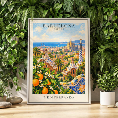 Mediterranean Mosaic, blue, green, orange abstract wall art displayed in a styled interior, gallery view 4