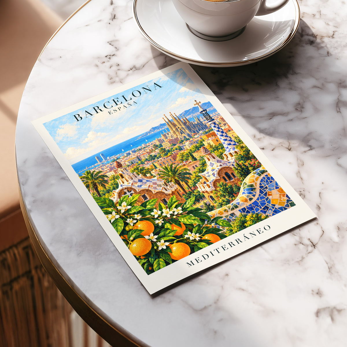 Mediterranean Mosaic, blue, green, orange abstract wall art displayed in a styled interior, gallery view 5