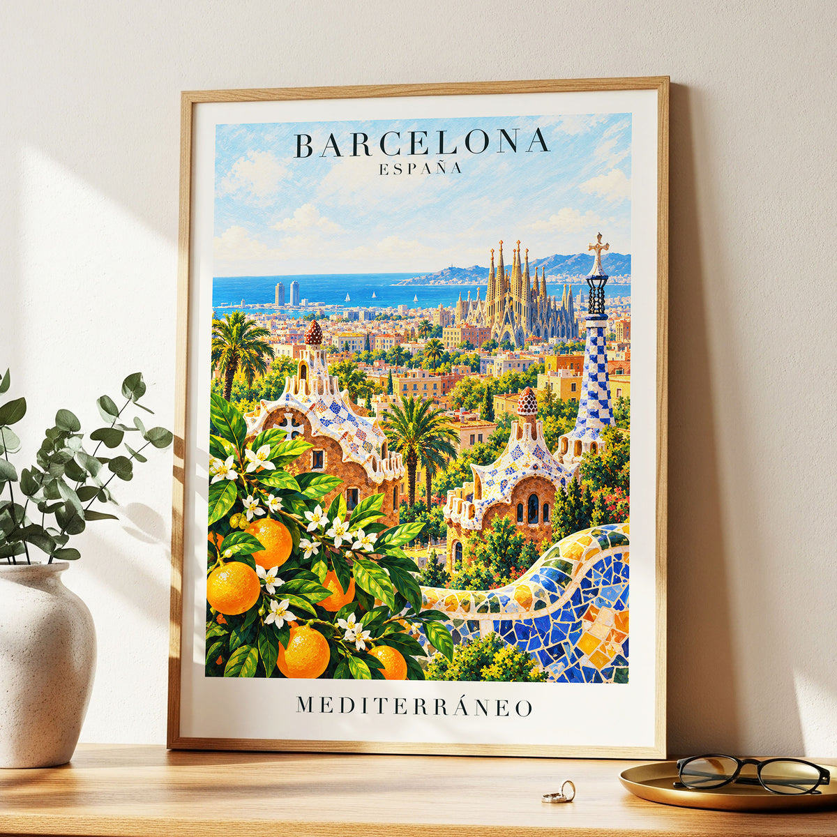 Mediterranean Mosaic, blue, green, orange abstract wall art displayed in a styled interior, gallery view 6