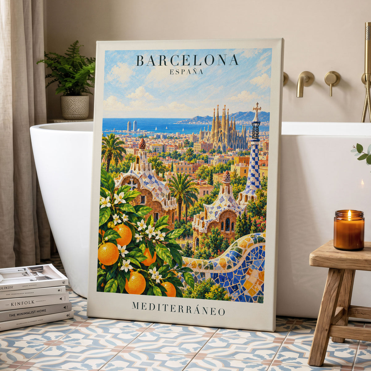 Mediterranean Mosaic, blue, green, orange abstract wall art displayed in a styled interior, gallery view 7
