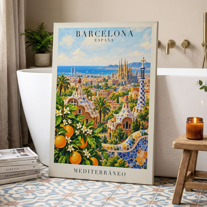 Mediterranean Mosaic, blue, green, orange abstract wall art displayed in a styled interior, gallery view 7