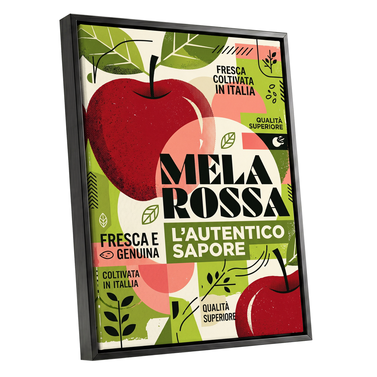 Mela Rossa Modernist, red, green, beige nature wall art shown as a black framed canvas wall art
