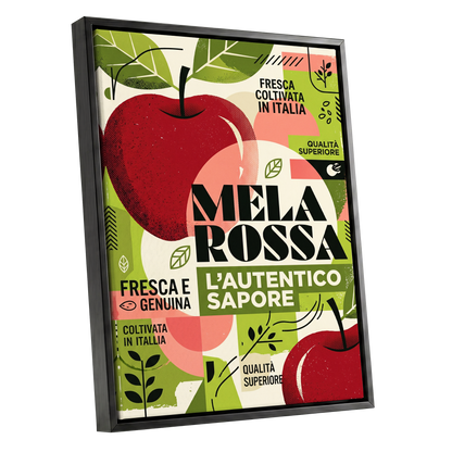 Mela Rossa Modernist, red, green, beige nature wall art shown as a black framed canvas wall art