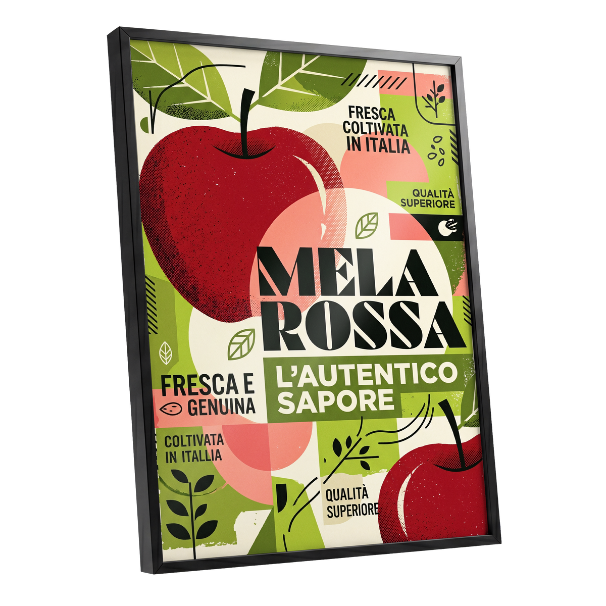 Mela Rossa Modernist, red, green, beige nature wall art shown as a black framed poster wall art print
