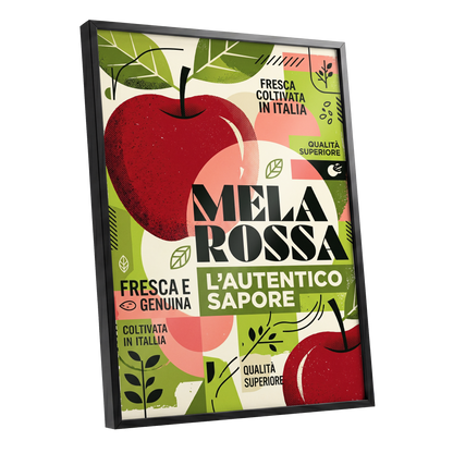 Mela Rossa Modernist, red, green, beige nature wall art shown as a black framed poster wall art print