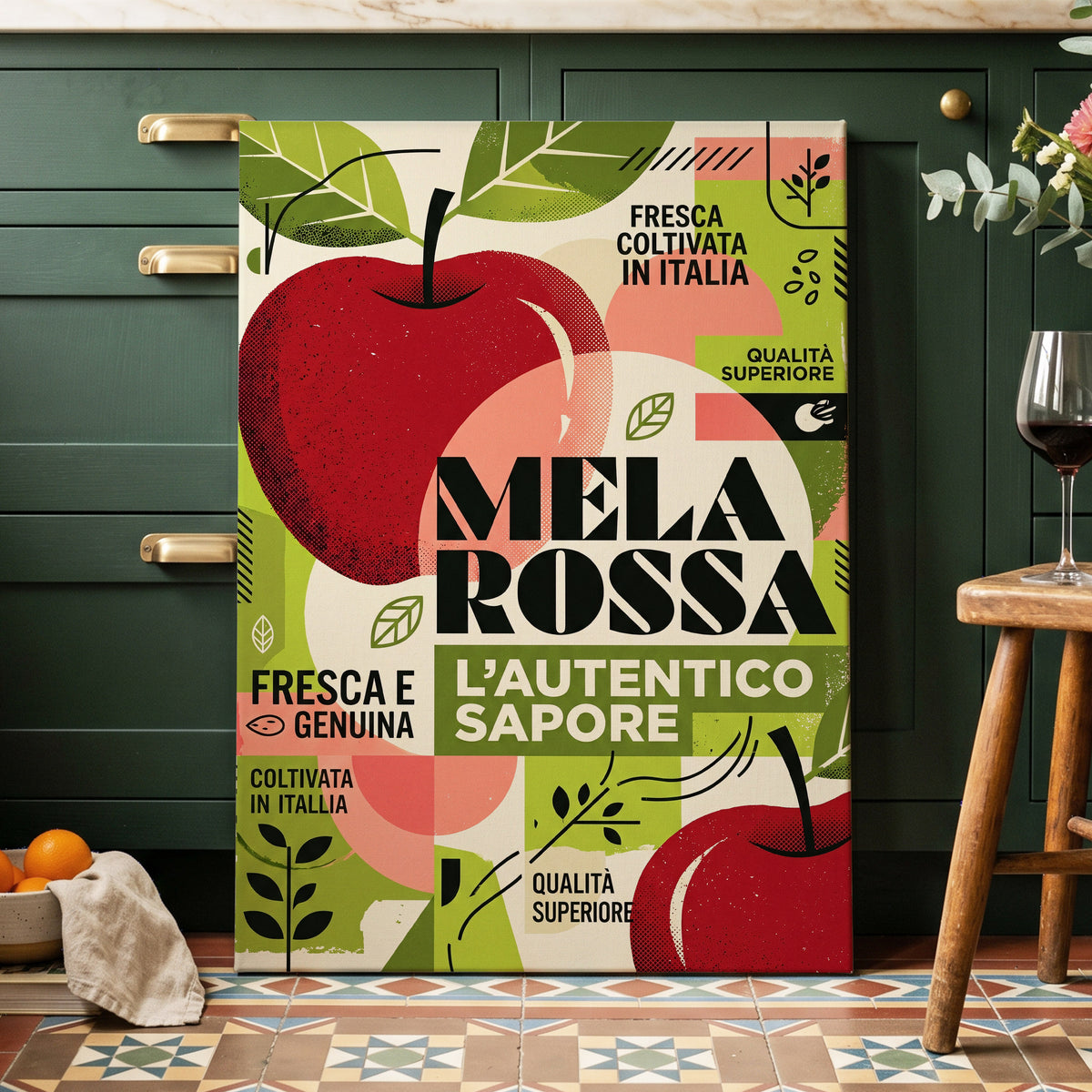 Mela Rossa Modernist, red, green, beige nature wall art on canvas displayed in a styled interior, gallery view 1
