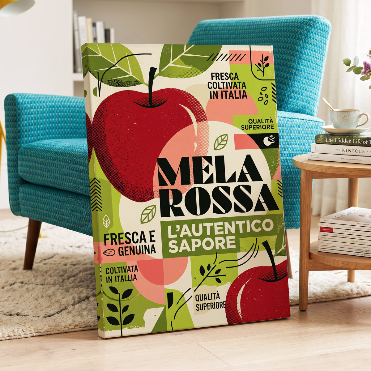 Mela Rossa Modernist, red, green, beige nature wall art on canvas displayed in a styled interior, gallery view 2