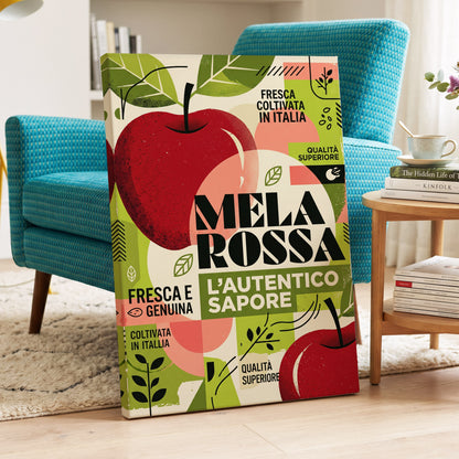 Mela Rossa Modernist, red, green, beige nature wall art on canvas displayed in a styled interior, gallery view 2