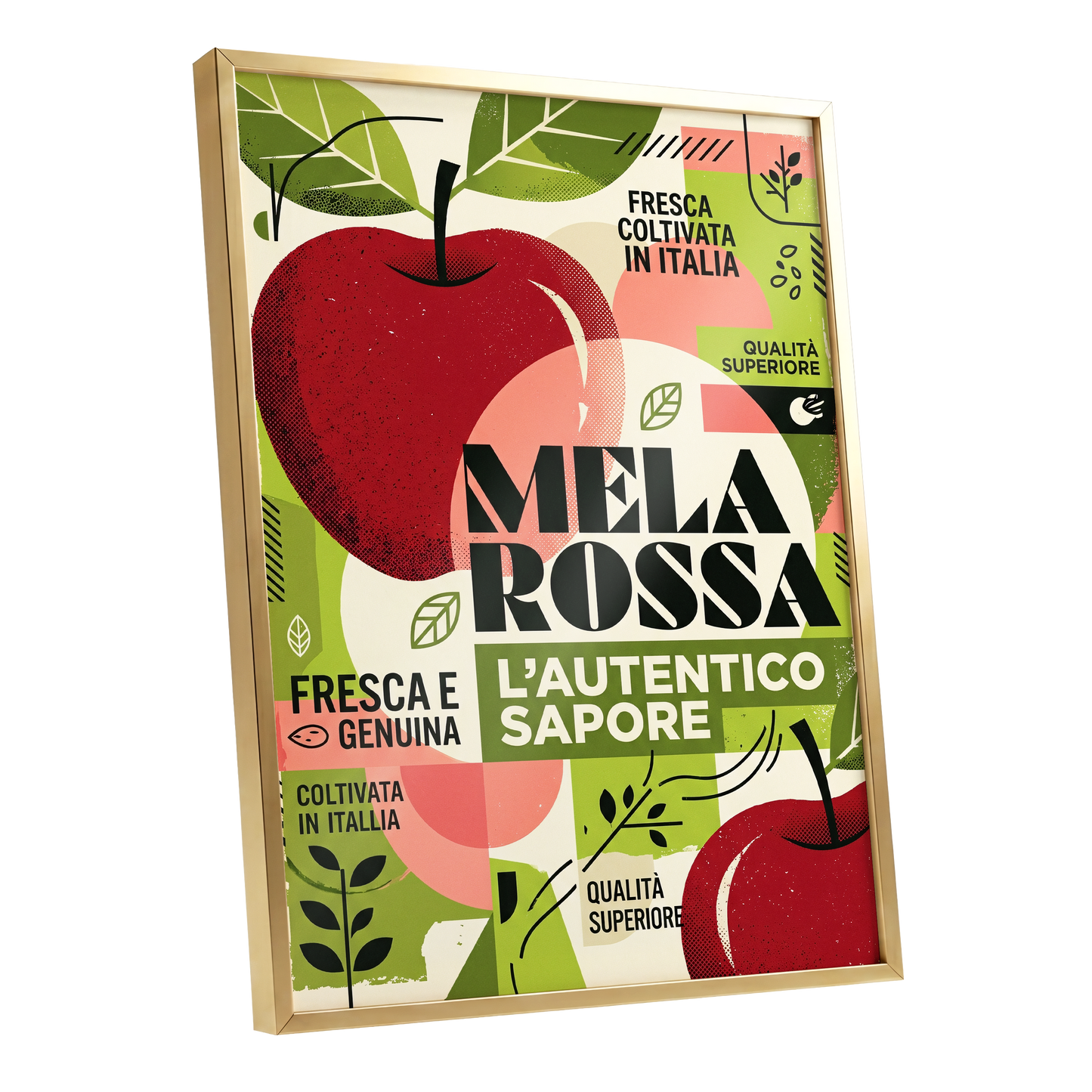 Mela Rossa Modernist, red, green, beige nature wall art shown as a gold framed poster wall art print