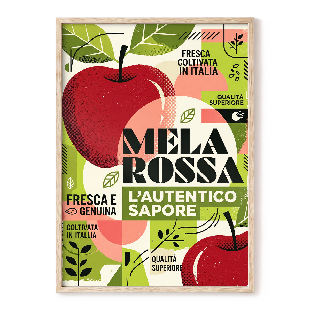 Mela Rossa Modernist, red, green, beige nature wall art, front artwork view