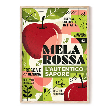 Mela Rossa Modernist, red, green, beige nature wall art, front artwork view