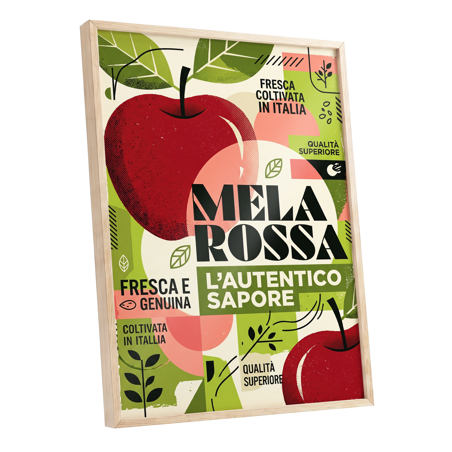 Mela Rossa Modernist, red, green, beige nature wall art shown as a oak framed poster wall art print