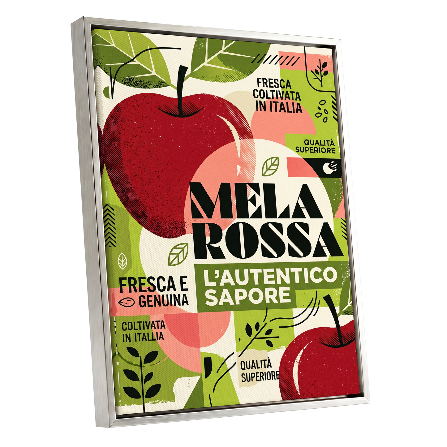 Mela Rossa Modernist, red, green, beige nature wall art shown as a silver framed canvas wall art