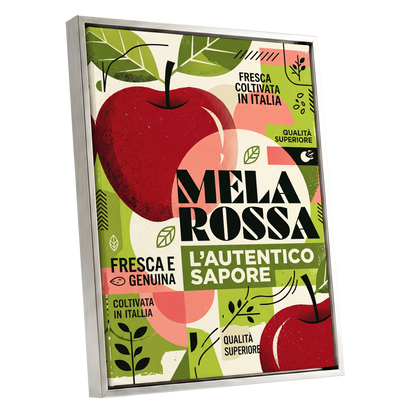 Mela Rossa Modernist, red, green, beige nature wall art shown as a silver framed canvas wall art