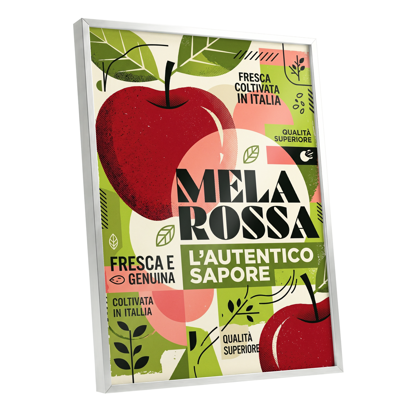 Mela Rossa Modernist, red, green, beige nature wall art shown as a silver framed poster wall art print
