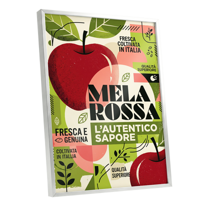 Mela Rossa Modernist, red, green, beige nature wall art shown as a silver framed poster wall art print