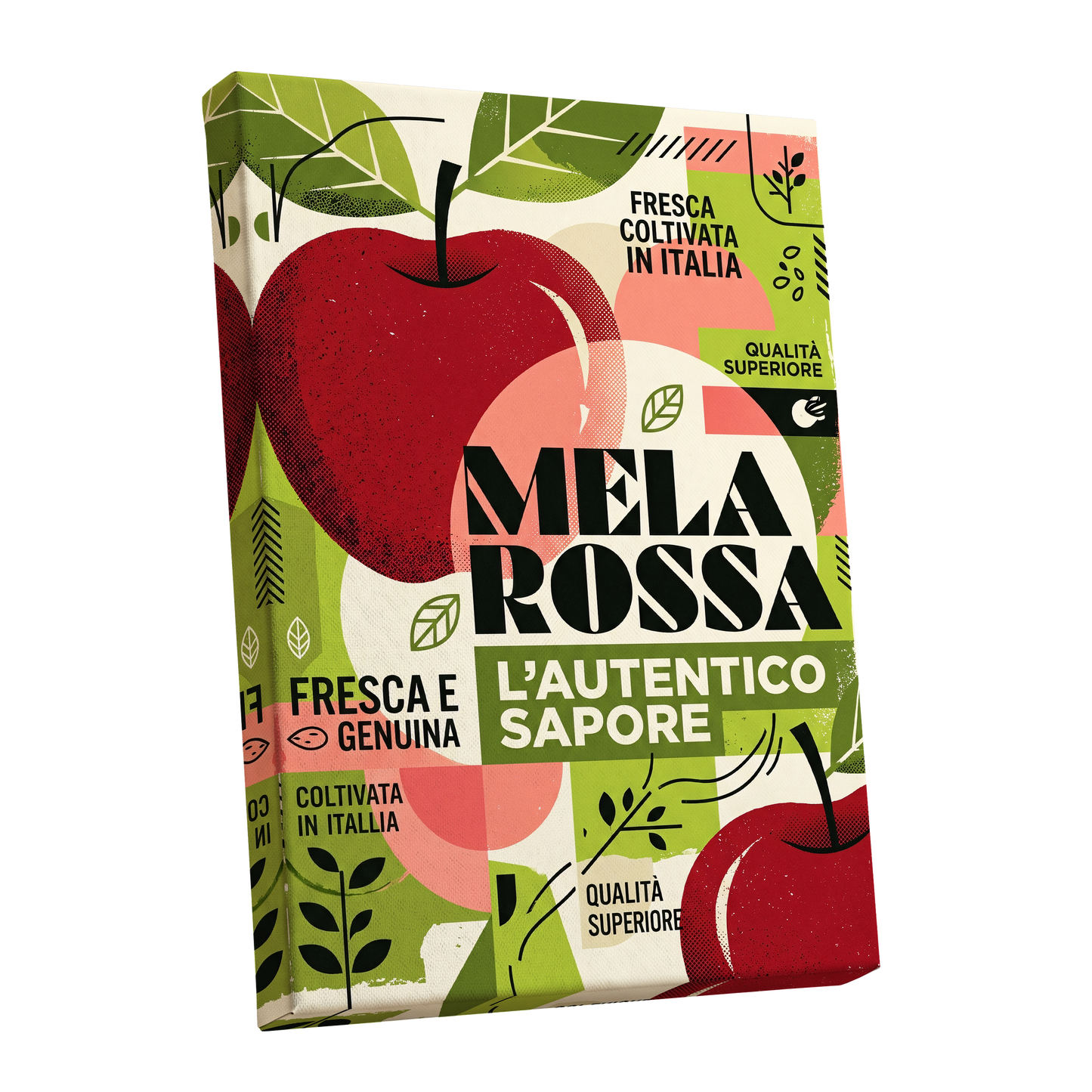 Mela Rossa Modernist, red, green, beige nature wall art shown as a stretched canvas wall art
