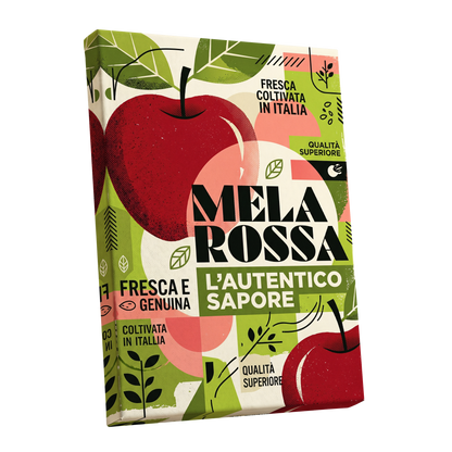 Mela Rossa Modernist, red, green, beige nature wall art shown as a stretched canvas wall art