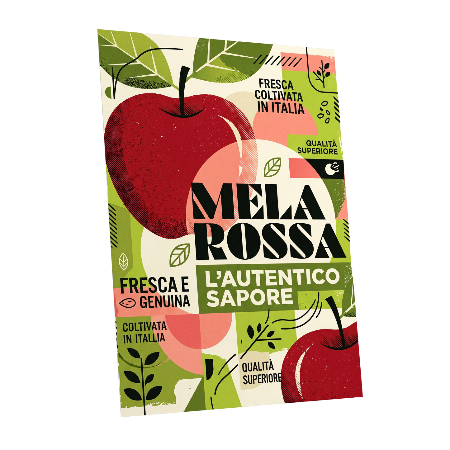 Mela Rossa Modernist, red, green, beige nature wall art shown as a unframed poster wall art print