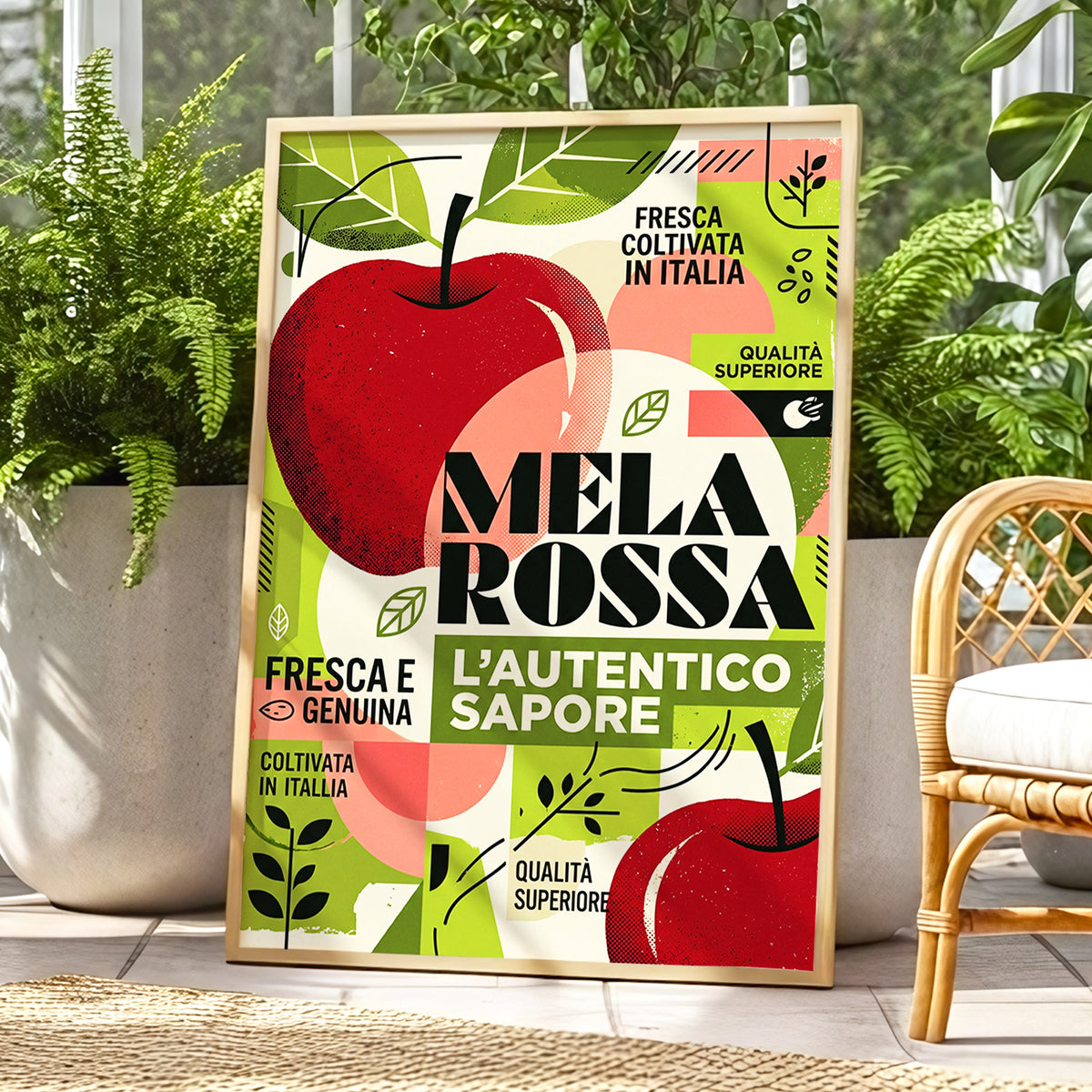 Mela Rossa Modernist, red, green, beige nature wall art displayed in a styled interior, gallery view 1