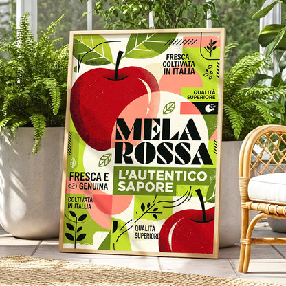 Mela Rossa Modernist, red, green, beige nature wall art displayed in a styled interior, gallery view 1