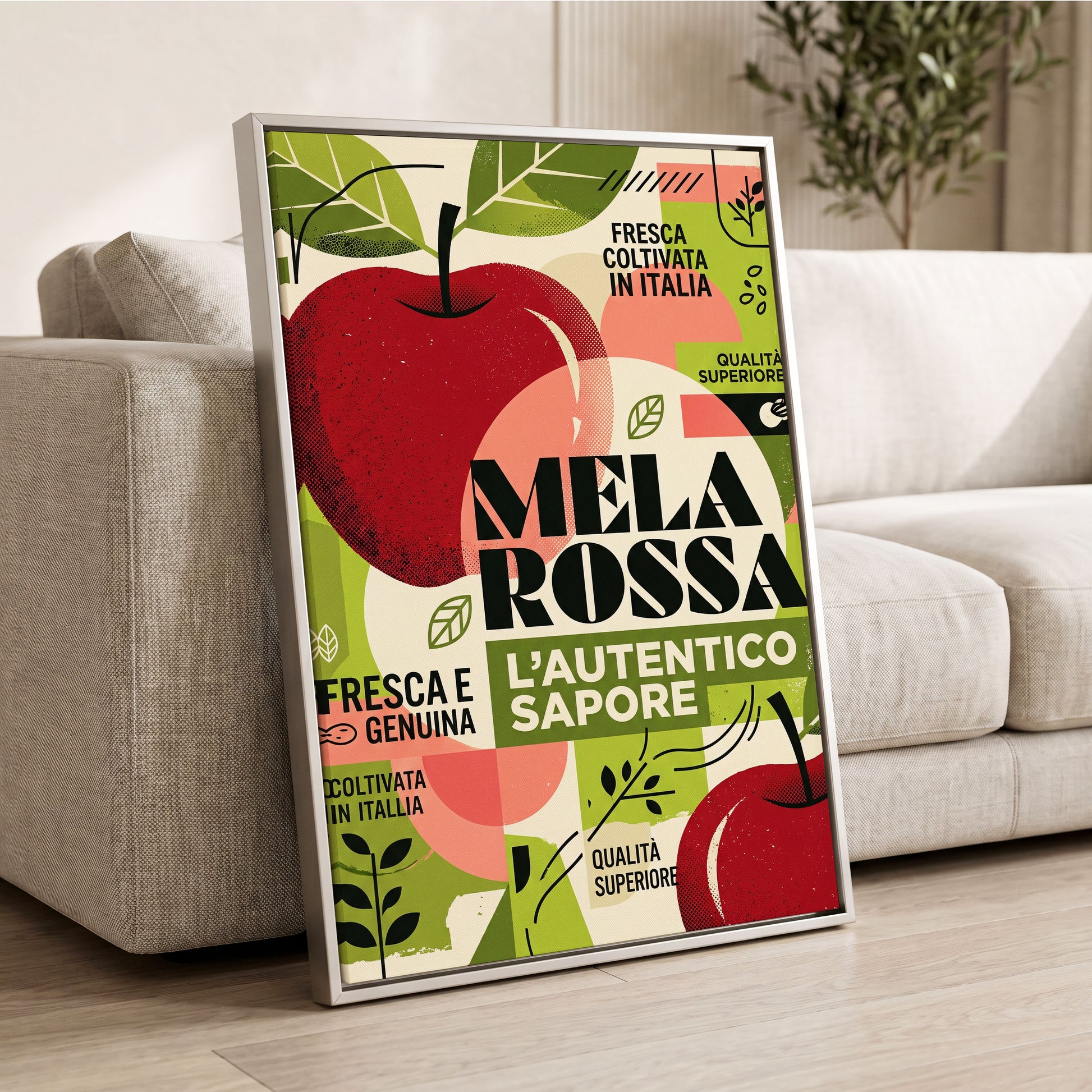 Mela Rossa Modernist, red, green, beige nature wall art displayed in a styled interior, gallery view 2