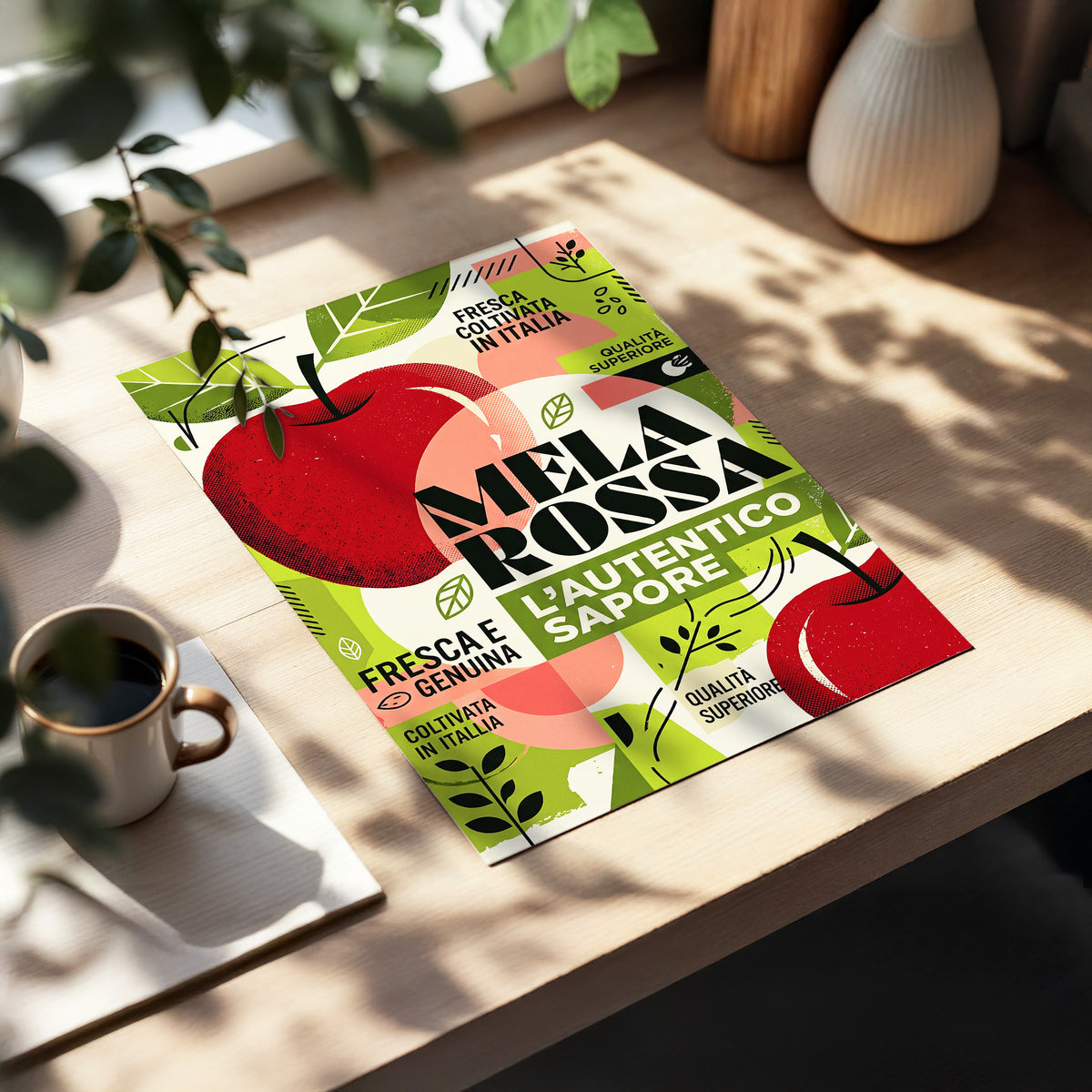 Mela Rossa Modernist, red, green, beige nature wall art displayed in a styled interior, gallery view 3