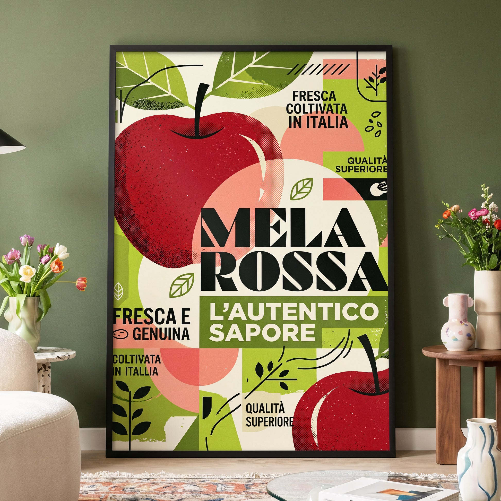 Mela Rossa Modernist, red, green, beige nature wall art displayed in a styled interior, gallery view 4