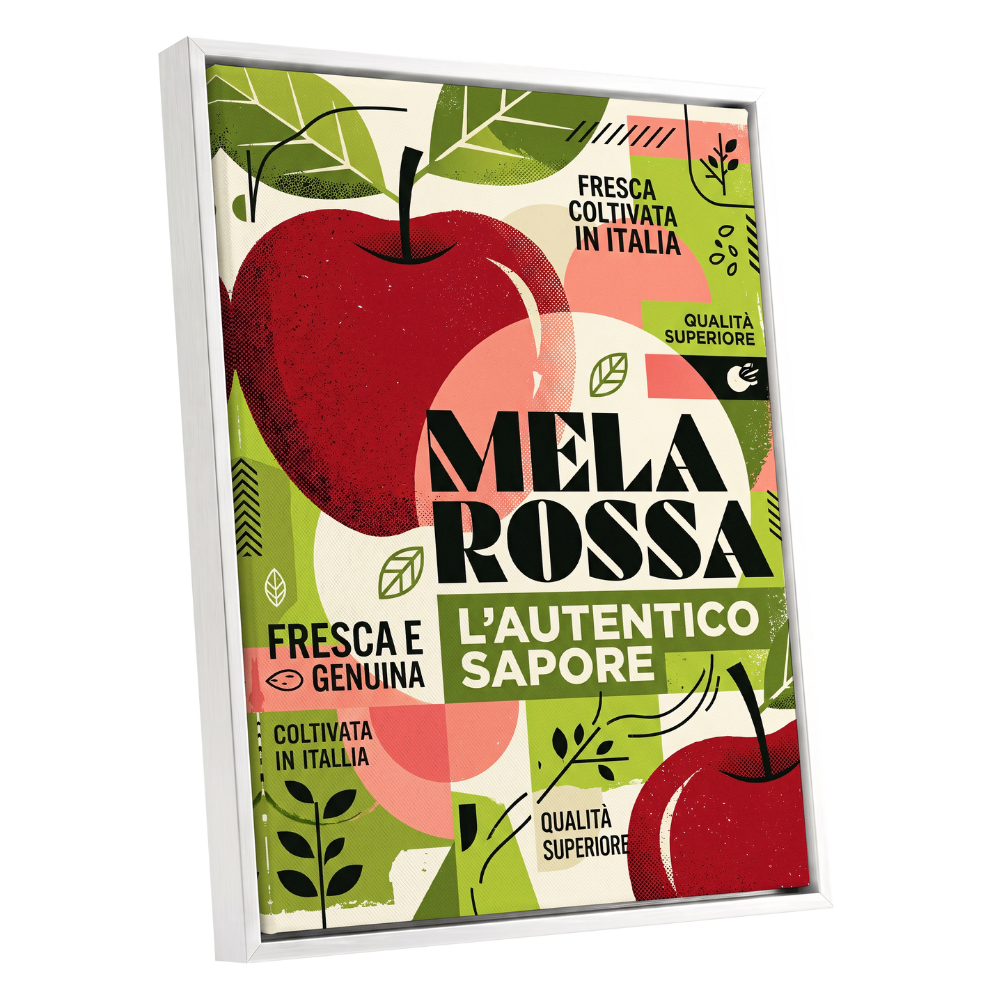 Mela Rossa Modernist, red, green, beige nature wall art shown as a white framed canvas wall art
