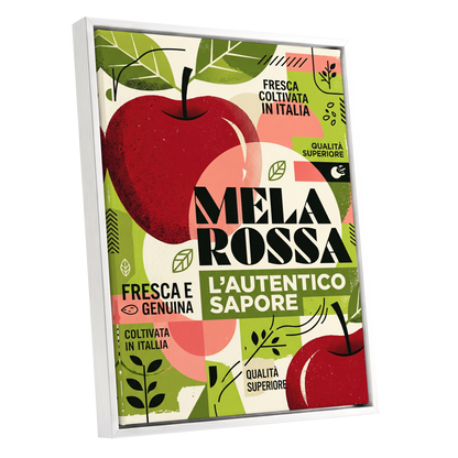 Mela Rossa Modernist, red, green, beige nature wall art shown as a white framed canvas wall art
