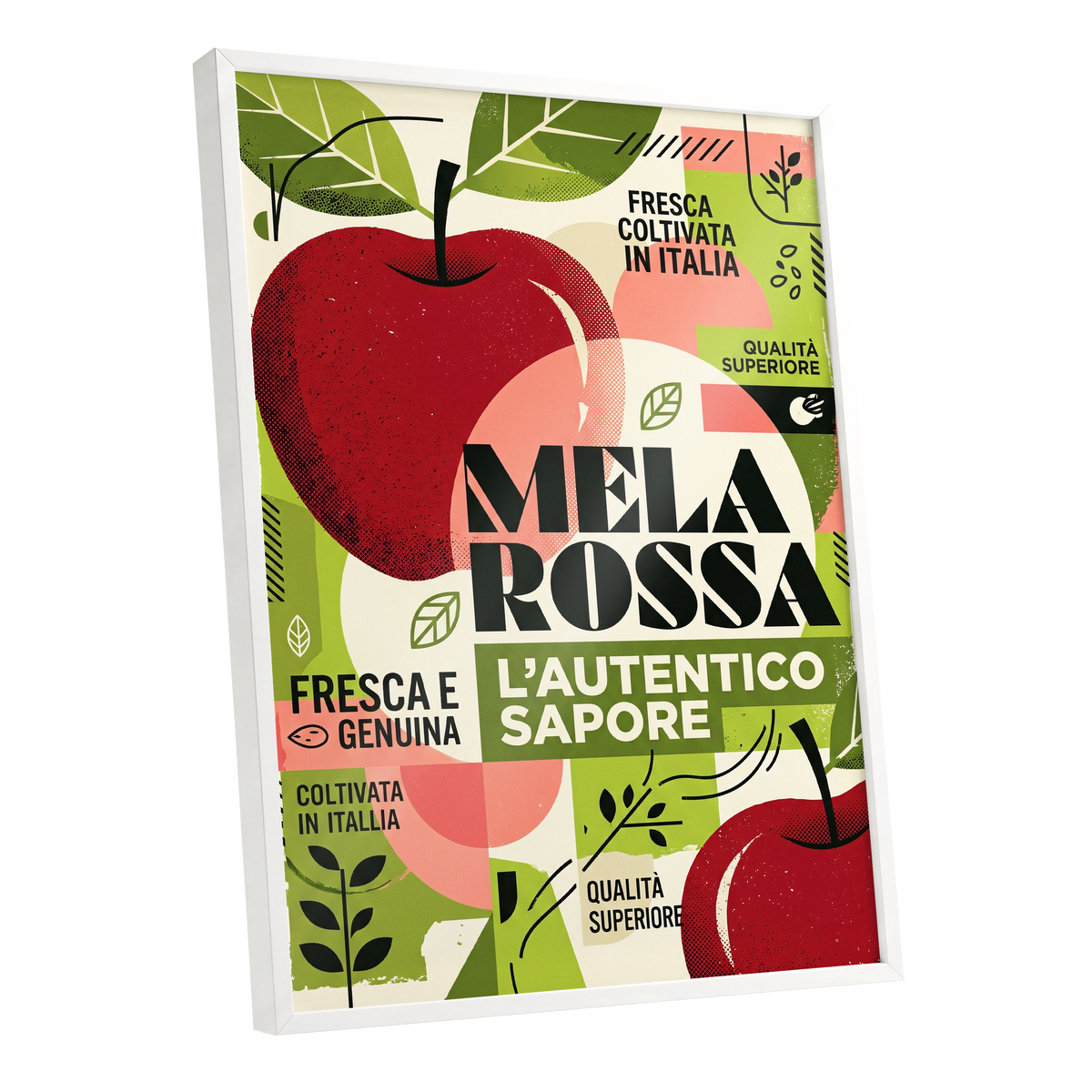 Mela Rossa Modernist, red, green, beige nature wall art shown as a white framed poster wall art print
