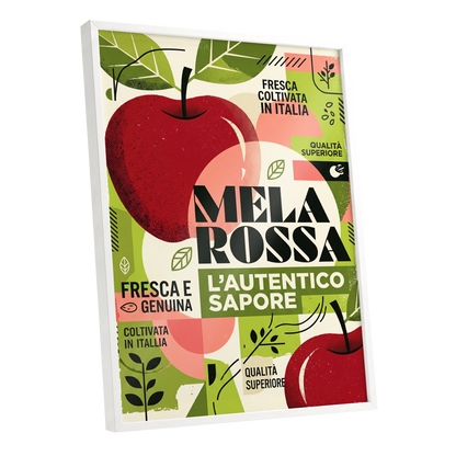 Mela Rossa Modernist, red, green, beige nature wall art shown as a white framed poster wall art print