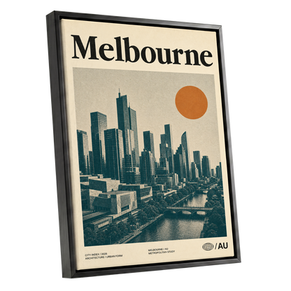 Melbourne Amber Skyline, green, beige, orange minimalist wall art shown as a black framed canvas wall art