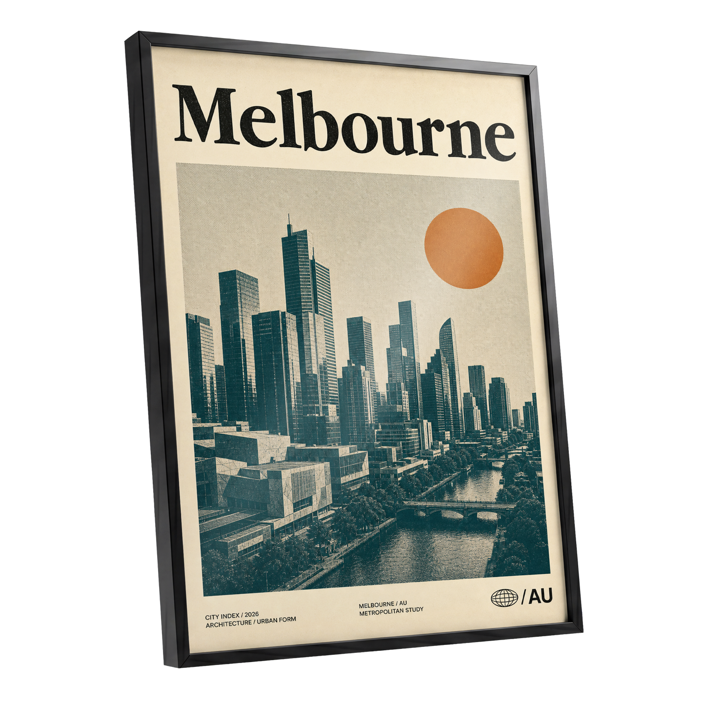 Melbourne Amber Skyline, green, beige, orange minimalist wall art shown as a black framed poster wall art print