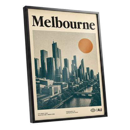 Melbourne Amber Skyline, green, beige, orange minimalist wall art shown as a black framed poster wall art print